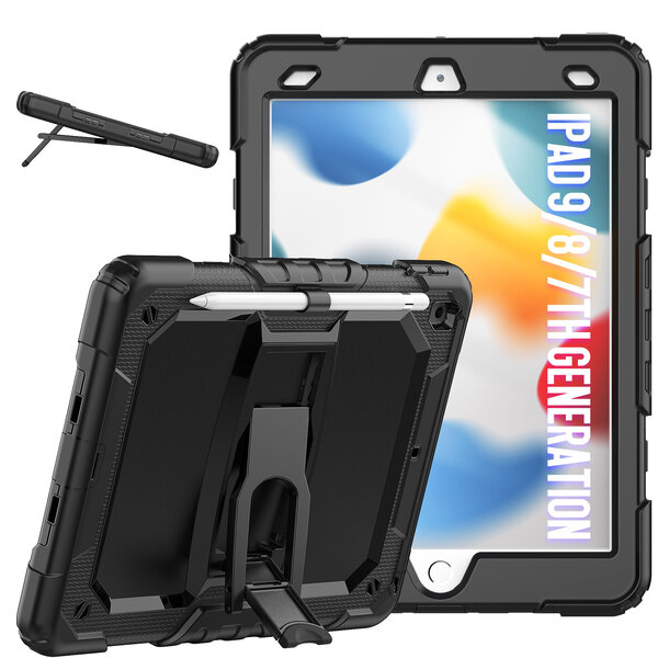 Ntech Tablet Hoes Geschikt Voor iPad Hoes 9/8/7 Generatie hoes Zwart -iPad 2021 hoes Rugged Backcover met kickstand