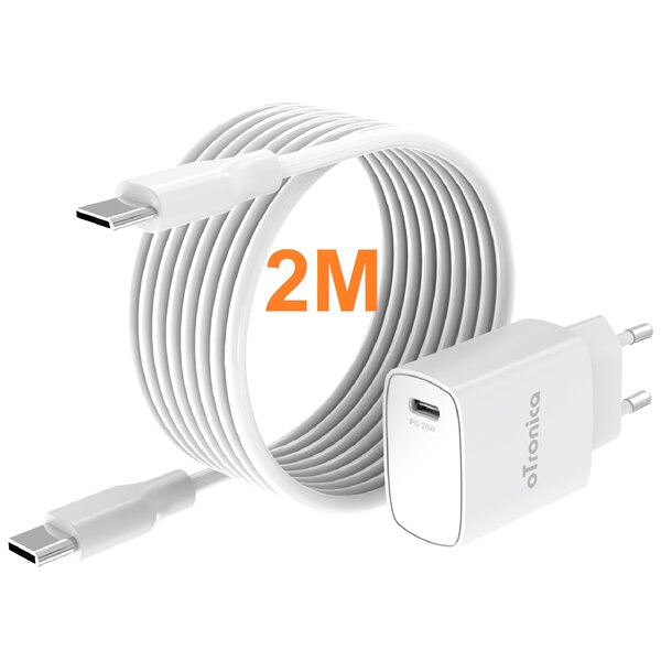oTronica Otronica USB C Adapter 20W snellader met USB C naar USB C kabel 2M Geschikt voor Samsung Galaxy Flip 6 / Fold 6 / A35 / A15 / A14 / A55 / Flip 5 / Fold 5 / S24 / S24 Ultra / S23 / S23 ultra / S21 Ultra/ iPhone 15 / 15 Pro / 15 Pro max / S20 / S23 FE