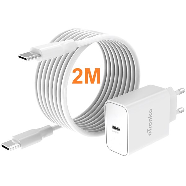 oTronica Otronica USB C Adapter 30W snellader met USB C naar USB C kabel 2M Geschikt voor Samsung Galaxy Flip 6 / 5 / Fold 5/6 / A35 / A15 / A14 / A55  / S24 / S24 Ultra / S23 / S23 ultra / S21 Ultra/ Tab A9 Plus / A8  iPhone 15 / 15 Pro / Max / S20 / S23 FE