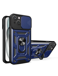 Ntech iPhone 15 Plus Ring hoesje met Ringhouder en camera schuifje Blauw