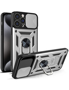 Ntech iPhone 15 Pro Ring hoesje met Ringhouder en camera schuifje Zilver