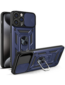 Ntech iPhone 15 Pro Max Ring hoesje met Ringhouder en camera schuifje Blauw