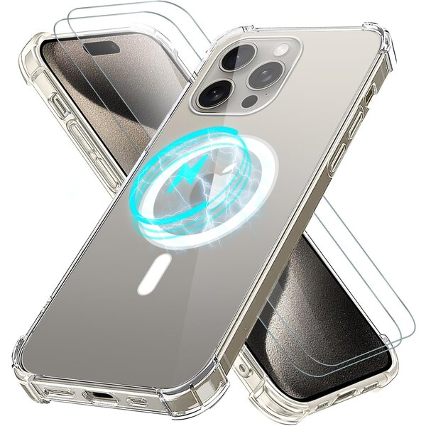 Ntech Hoesje Geschikt voor iPhone 15 Pro Magsafe hoesje transparant backcover Anti Shock Met 2 Stuks screenprotectors
