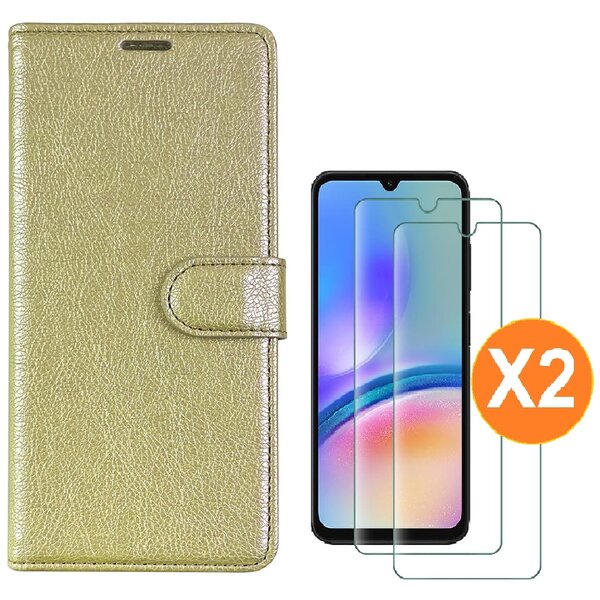 Ntech Hoesje geschikt voor Samsung Galaxy A05s bookcase Goud - Met screenprotector tempered glass Galaxy A05s - 2x