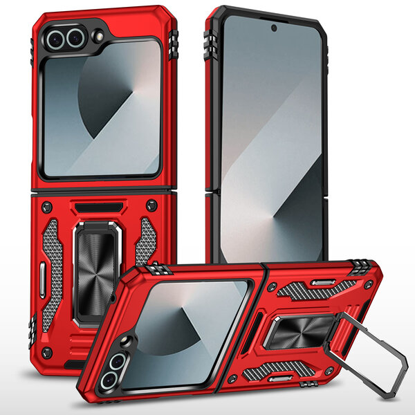 Ntech Hoesje Geschikt Voor Samsung Galaxy Z flip 7 FE - Flip 6 hoesje met Ringhouder - Anti-Shock Hybrid Armor case - Rood