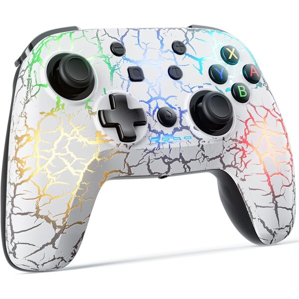 Ntech Ntech Switch Controller - Geschikt voor Switch Pro Controller/Switch/Lite/OLED met Cool RGB Crack Wit - Gaming Accesoires Turbo - Macro