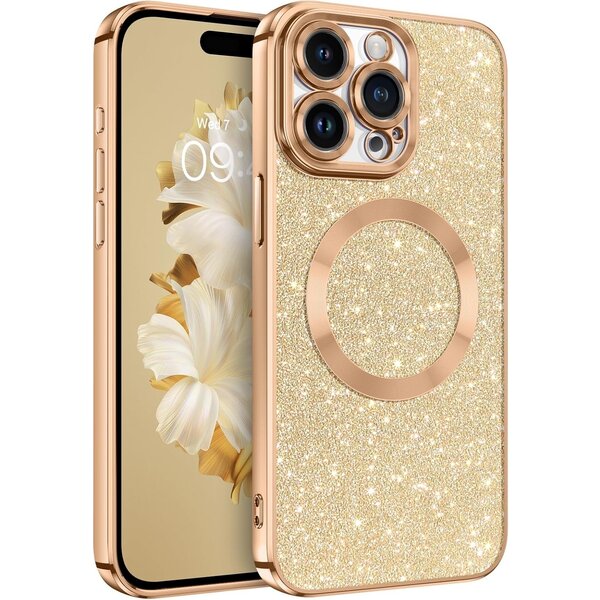 Ntech Hoesje Geschikt voor iPhone 15 Magsafe hoesje Goud - Lens beschermer glitter backcover