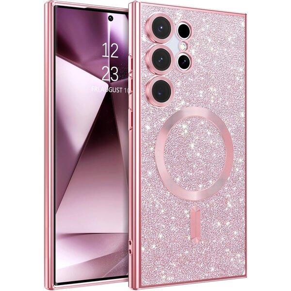 Ntech Hoesje Geschikt Voor Samsung Galaxy S24 Ultra Magsafe hoesje  Rose Goud- Lens beschermer glitter backcover