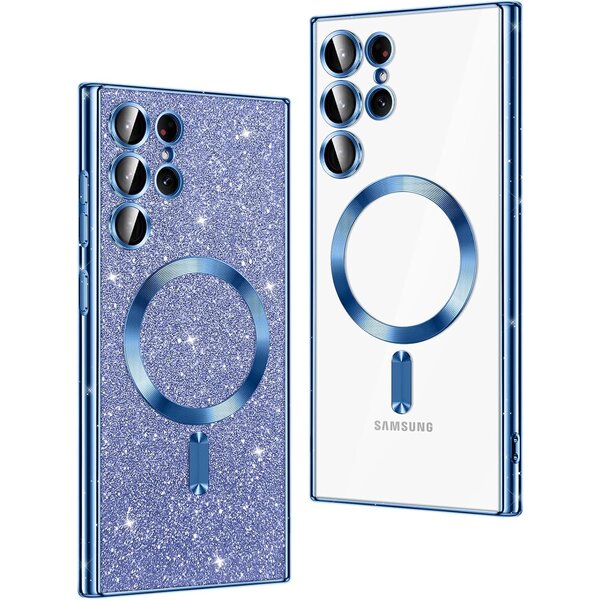 Ntech Hoesje Geschikt Voor Samsung Galaxy S24 Ultra Magsafe hoesje Blauw - Lens beschermer glitter backcover