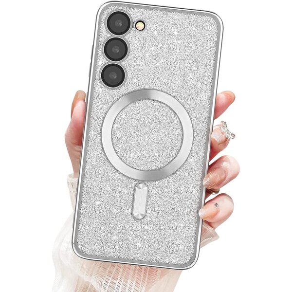 Ntech Hoesje Geschikt Voor Samsung Galaxy S24 Magsafe hoesje  Zliver- Lens beschermer glitter backcover