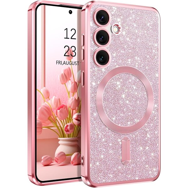 Ntech Hoesje Geschikt Voor Samsung Galaxy S24 Magsafe hoesje  Rose Goud - Lens beschermer glitter backcover