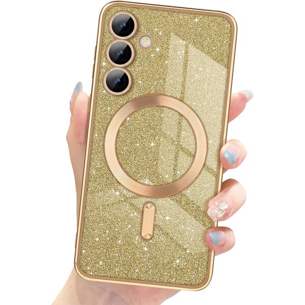 Ntech Hoesje Geschikt Voor Samsung Galaxy S24 Magsafe hoesje Goud - Lens beschermer glitter backcover