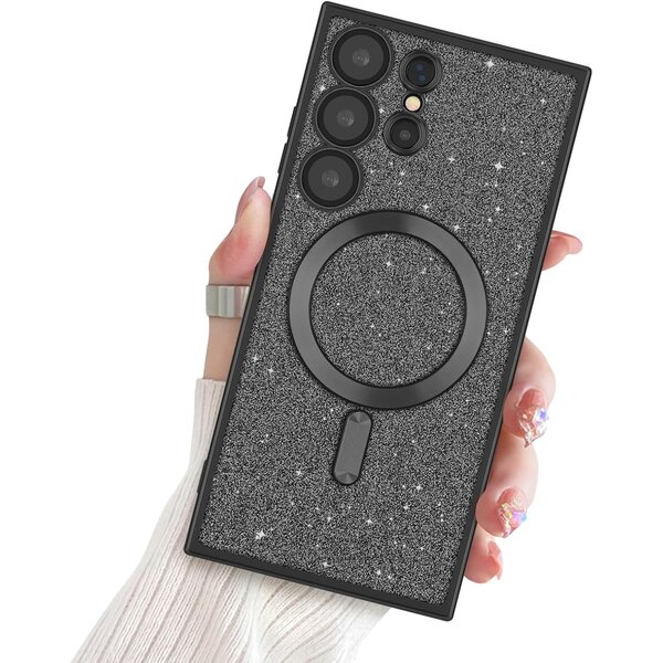 Ntech Hoesje Geschikt Voor Samsung Galaxy S23 Ultra Magsafe hoesje Zwart - Lens beschermer glitter backcover