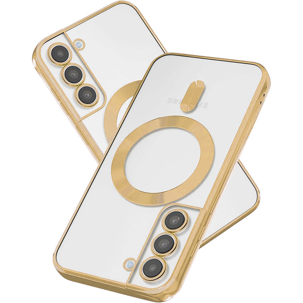 oTronica oTronica Hoesje aanstellen voor Samsung Galaxy S22 met Magnetisch Ring en Camera Lensbeschermer - backcover – Transparant/Goud