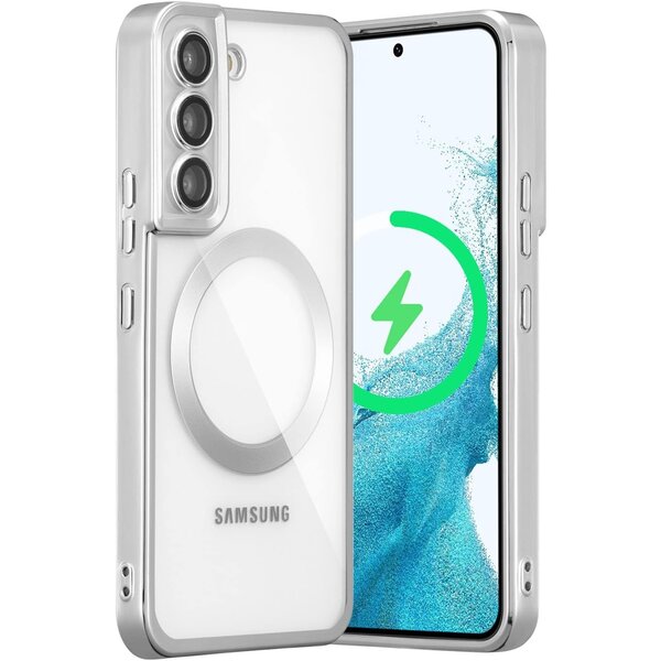 oTronica oTronica Hoesje aanstellen voor Samsung Galaxy S22 met Magnetisch Ring en Camera Lensbeschermer - backcover – Transparant/Zilver