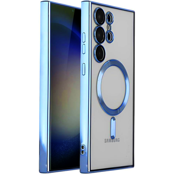 oTronica oTronica Hoesje aanstellen voor Samsung Galaxy S22 Ultra met Magnetisch Ring en Camera Lensbeschermer - backcover – Transparant/Bluaw