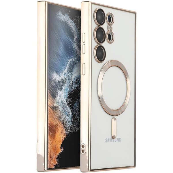 oTronica oTronica Hoesje aanstellen voor Samsung Galaxy S22 Ultra met Magnetisch Ring en Camera Lensbeschermer - backcover – Transparant/Goud