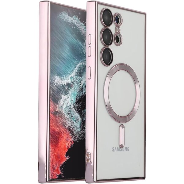 oTronica oTronica Hoesje aanstellen voor Samsung Galaxy S22 Ultra met Magnetisch Ring en Camera Lensbeschermer - backcover – Transparant/Rosegoud