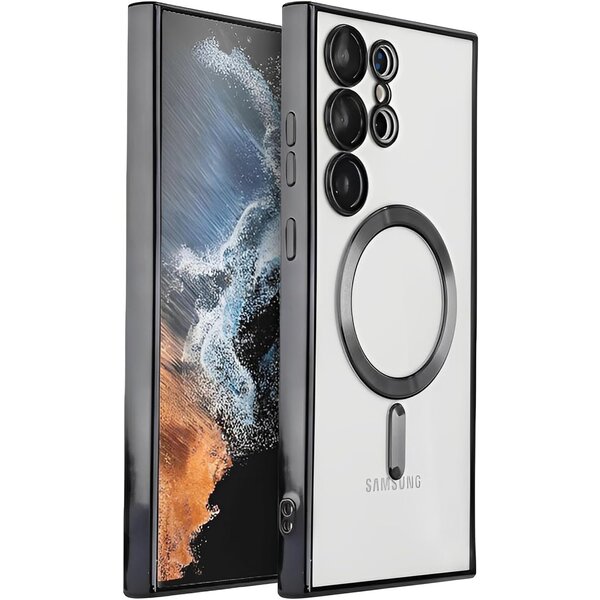 oTronica oTronica Hoesje aanstellen voor Samsung Galaxy S22 Ultra met Magnetisch Ring en Camera Lensbeschermer - backcover – Transparant/Zwart