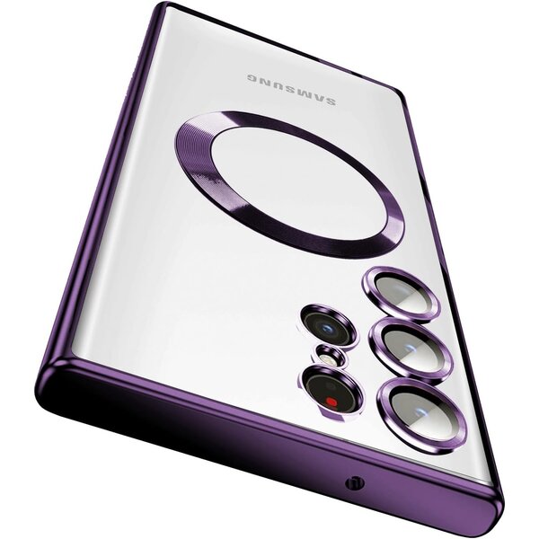 oTronica oTronica Hoesje aanstellen voor Samsung Galaxy S22 Ultra met Magnetisch Ring en Camera Lensbeschermer - backcover – Transparant/Paars
