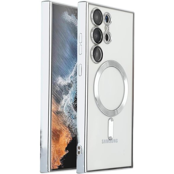oTronica oTronica Hoesje aanstellen voor Samsung Galaxy S22 Ultra met Magnetisch Ring en Camera Lensbeschermer - backcover – Transparant/Zilver