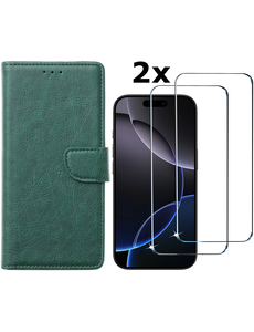 Ntech Hoesje Geschikt voor iPhone 16 Pro bookcase met 2 stuks screenprotectors – Groen
