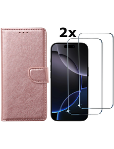 Ntech Hoesje Geschikt voor iPhone 16 Pro bookcase met 2 stuks screenprotectors – Rosegoud