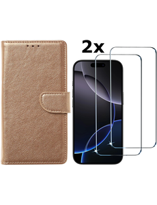 Ntech Hoesje Geschikt voor iPhone 16 Pro bookcase met 2 stuks screenprotectors – Goud