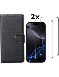 Ntech Hoesje Geschikt voor iPhone 16 Pro bookcase met 2 stuks screenprotectors – Zwart