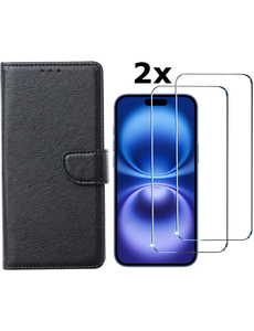 Ntech Hoesje Geschikt voor iPhone 16 bookcase met 2 stuks screenprotectors – Zwart