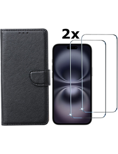 Ntech Hoesje Geschikt voor iPhone 16 Plus bookcase met 2 stuks screenprotectors – Zwart