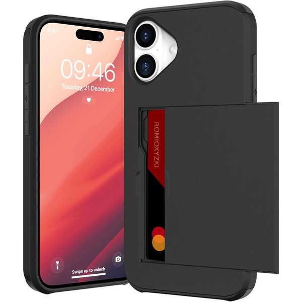 Ntech  Hoesje Geschikt voor iPhone 16 Plus Hoesje Zwart - shockproof Backcover met pasjeshouder  - Ruimte voor 2 pasjes