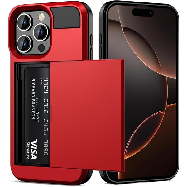 Ntech  Hoesje Geschikt voor iPhone 16 Pro Hoesje Rood - shockproof Backcover met pasjeshouder  - Ruimte voor 2 pasjes