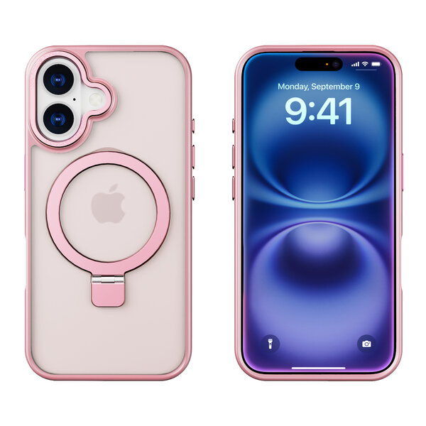 Ntech Hoesje Geschikt voor iPhone 16 Plus Magsafe hoesje - hard backcover - Magnetische Standaard - Ringhouder - Mat Transparant / Licht Roze