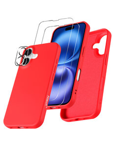 Ntech Hoesje Geschikt voor iPhone 16 Siliconen met 2x screenprotectors en 1x lens protector – Rood