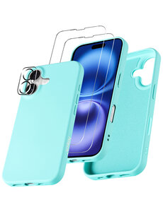 Ntech Hoesje Geschikt voor iPhone 16 Siliconen met 2x screenprotectors en 1x lens protector – Mint Groen