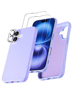 Ntech Hoesje Geschikt voor iPhone 16 Siliconen met 2x screenprotectors en 1x lens protector – Lila