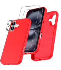 Ntech Hoesje Geschikt voor iPhone 16 Plus Siliconen met 2x screenprotectors en 1x lens protector – Rood