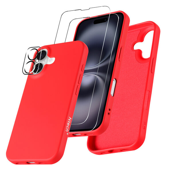 Ntech Hoesje Geschikt voor iPhone 16 Plus – Zacht siliconen liquid backcover met 2x screenprotectors gehard glas en 1x lens protector – Rood