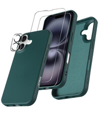 Ntech Hoesje Geschikt voor iPhone 16 Plus Siliconen met 2x screenprotectors en 1x lens protector – Pine Groen