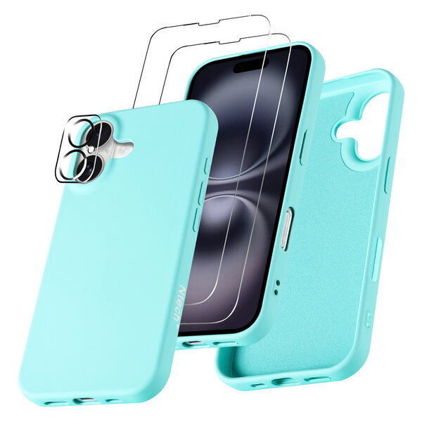 Ntech Hoesje Geschikt voor iPhone 16 Plus – Zacht siliconen liquid backcover met 2x screenprotectors gehard glas en 1x lens protector – Mint Groen