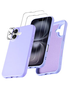Ntech Hoesje Geschikt voor iPhone 16 Plus Siliconen met 2x screenprotectors en 1x lens protector – Lila