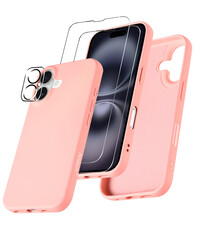 Ntech Hoesje Geschikt voor iPhone 16 Plus Siliconen met 2x screenprotectors en 1x lens protector – Licht Roze