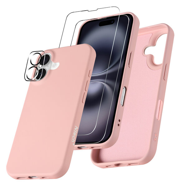 Ntech Hoesje Geschikt voor iPhone 16 Plus – Zacht siliconen liquid backcover met 2x screenprotectors gehard glas en 1x lens protector – Zand