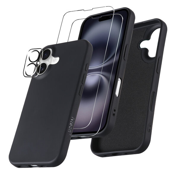 Ntech Hoesje Geschikt voor iPhone 16 Plus – Zacht siliconen liquid backcover met 2x screenprotectors gehard glas en 1x lens protector – Zwart