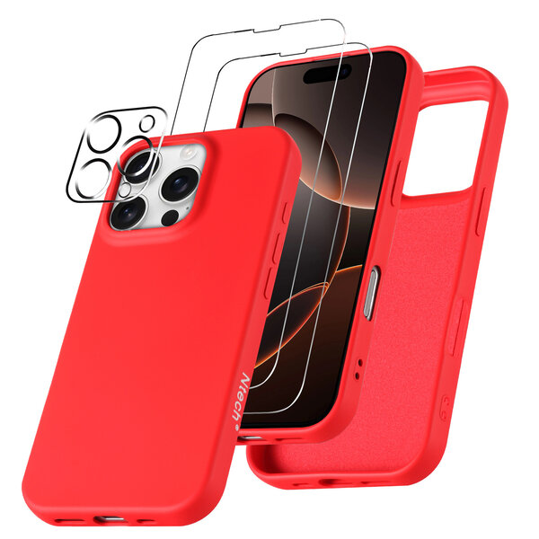 Ntech Hoesje Geschikt voor iPhone 16 Pro Max – Zacht siliconen liquid backcover met 2x screenprotectors gehard glas en 1x lens protector – Rood