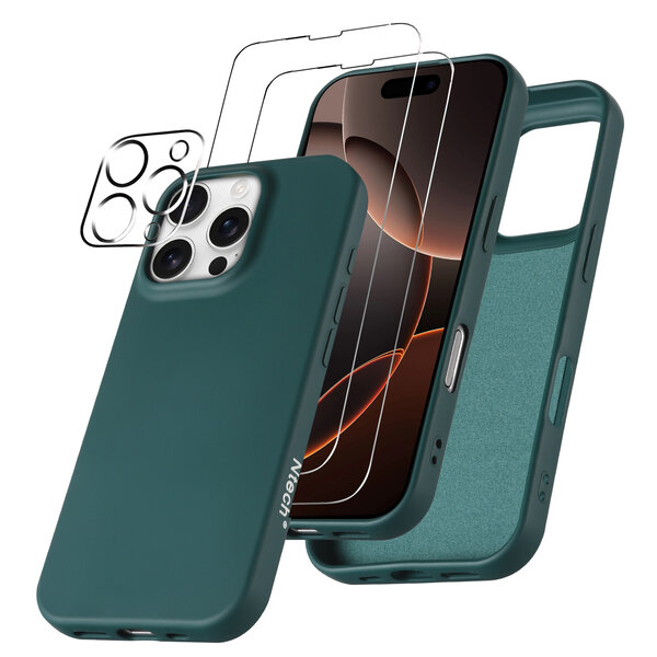 Ntech Hoesje Geschikt voor iPhone 16 Pro Max – Zacht siliconen liquid backcover met 2x screenprotectors gehard glas en 1x lens protector – Pine Groen