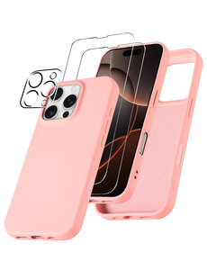 Ntech Hoesje Geschikt voor iPhone 16 Pro Max Siliconen met 2x screenprotectors en 1x lens protector – Licht Roze