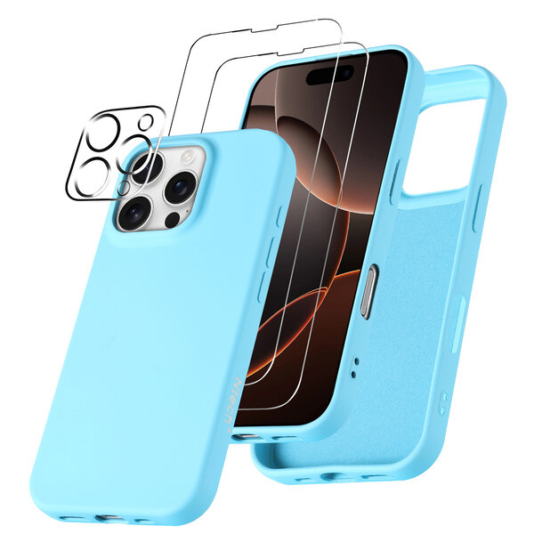 Ntech Hoesje Geschikt voor iPhone 16 Pro Max – Zacht siliconen liquid backcover met 2x screenprotectors gehard glas en 1x lens protector – Licht Blauw