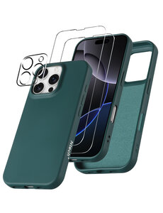 Ntech Hoesje Geschikt voor iPhone 16 Pro Siliconen met 2x screenprotectors en 1x lens protector – Pine Groen